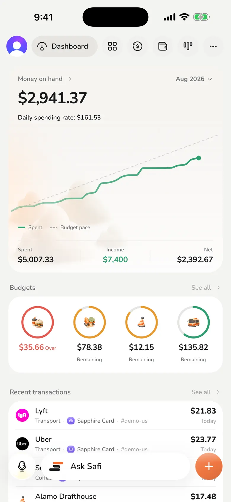 Safi dashboard showing the month's spending against budget